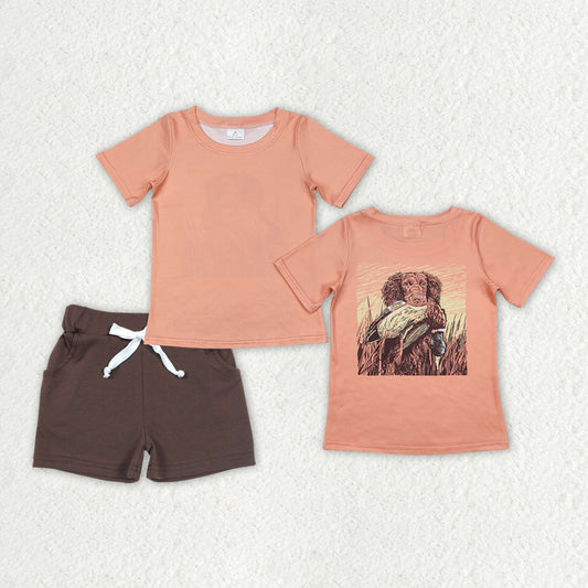 BSSO1202 Dog Duck Hunting Orange Top Brown Shorts Boys Summer Clothes Set