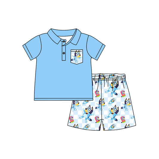 (Pre-order)BSSO1203 Blue Pocket Polo Top Cartoon Dog Plaid Shorts Boys Summer Clothes Set