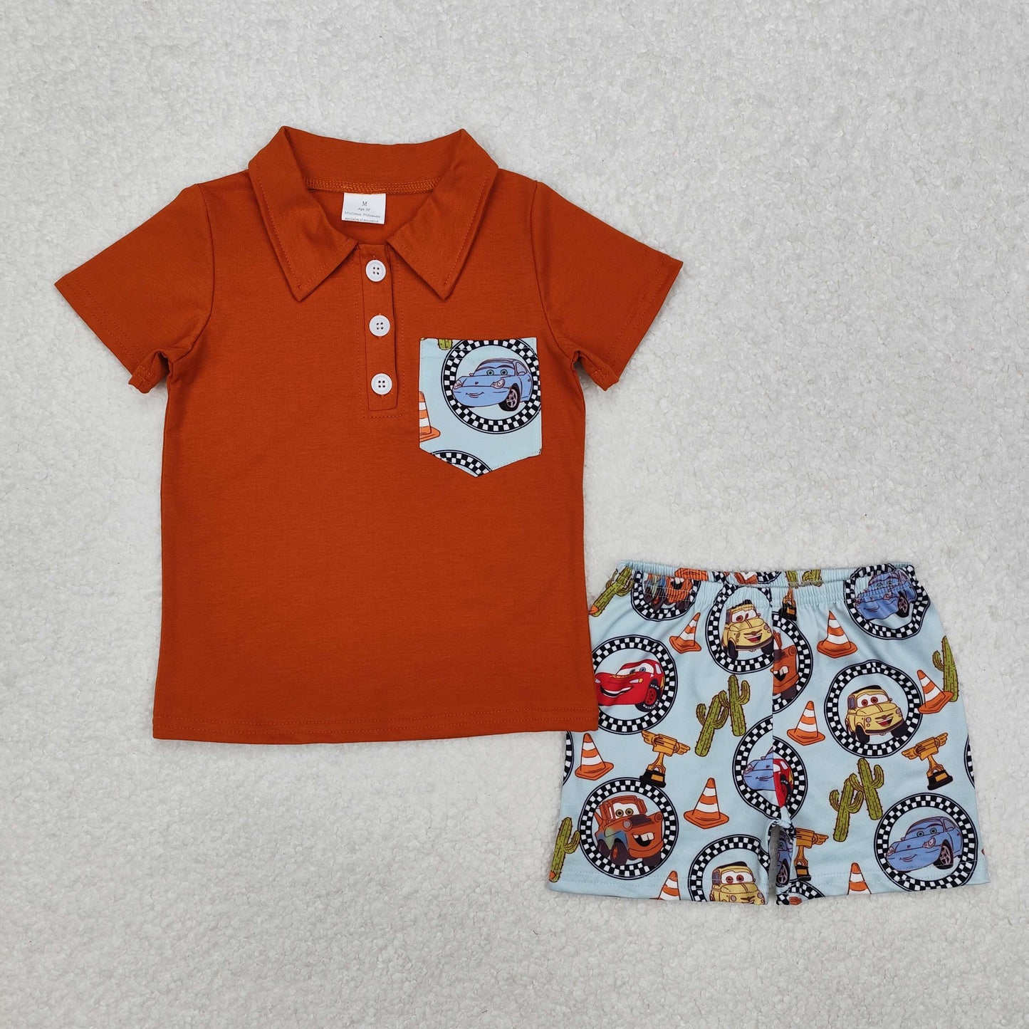 BSSO1210 Brown Pocket Polo Top Cartoon Cars Shorts Boys Summer Clothes Set