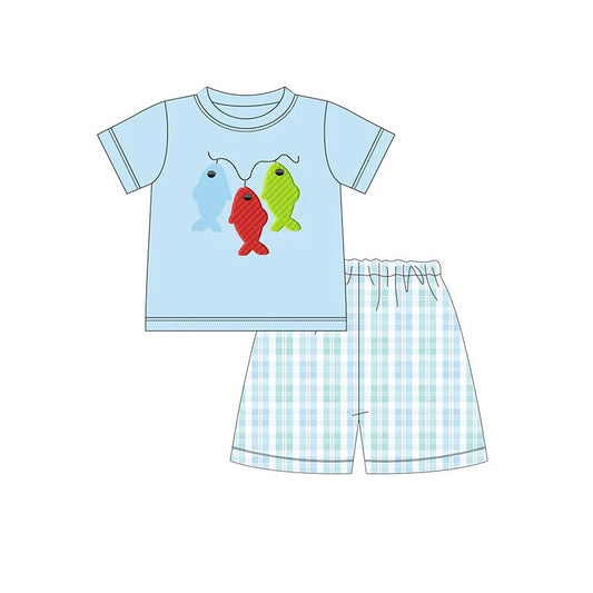 (Pre-order)BSSO1224 Fishing Blue Top Plaid Shorts Boys Summer Clothes Set
