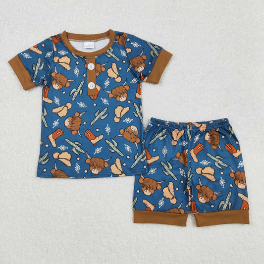 BSSO1232 Highland Cow Cactus Print Shorts Boys Summer Pajamas Clothes Set