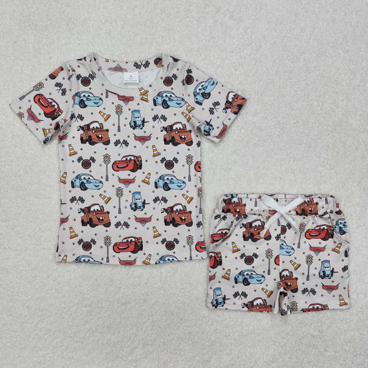 BSSO1233 Cartoon Cars Print Boys Summer Clothes Set