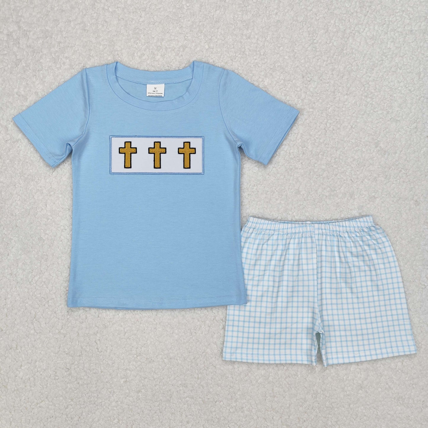 Cross Embroidery Plaid Print Sibling Easter Matching Clothes