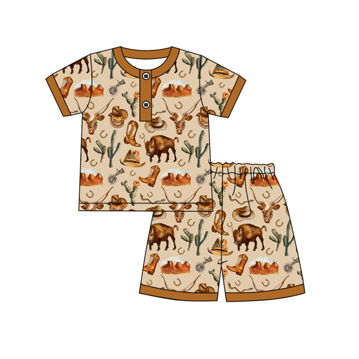(Pre-order)BSSO1236 Boots Hat Boots Cows Brown Print Boys Summer Western Pajamas Clothes Set