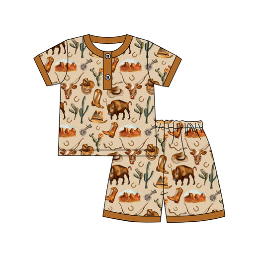 (Pre-order)BSSO1236 Boots Hat Boots Cows Brown Print Boys Summer Western Pajamas Clothes Set