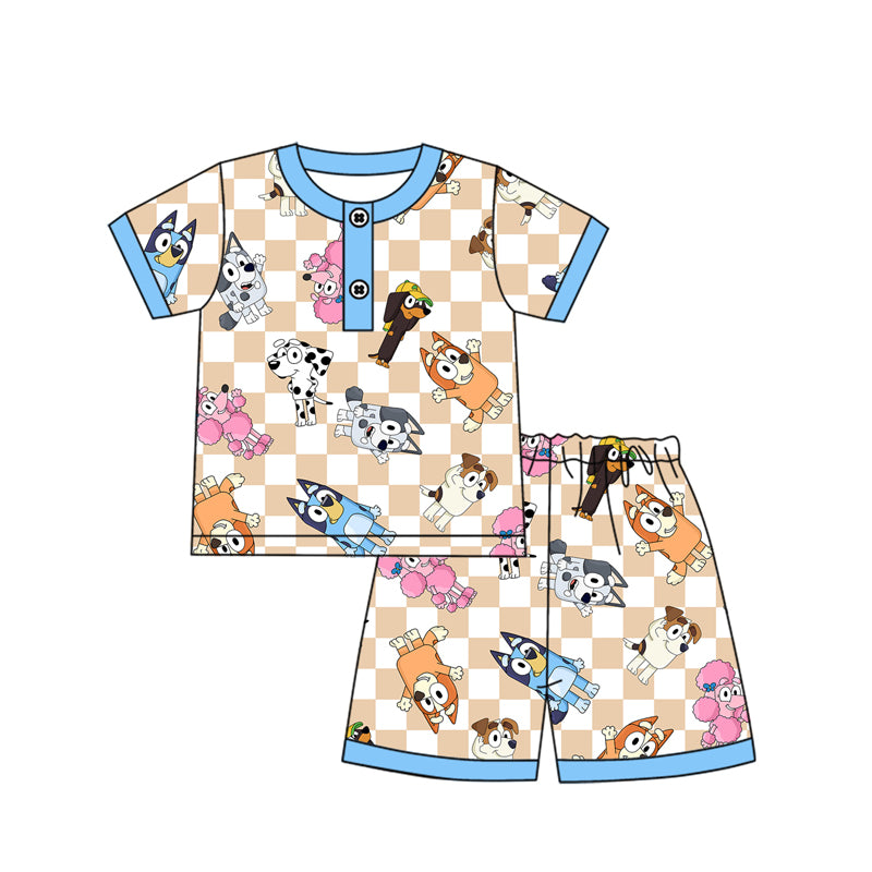(Pre-order)BSSO1238 Cartoon Dog Plaid Print Boys Summer Pajamas Clothes Set