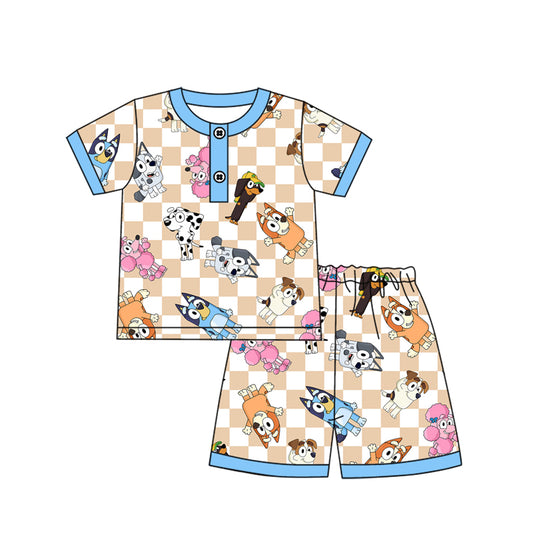 (Pre-order)BSSO1238 Cartoon Dog Plaid Print Boys Summer Pajamas Clothes Set