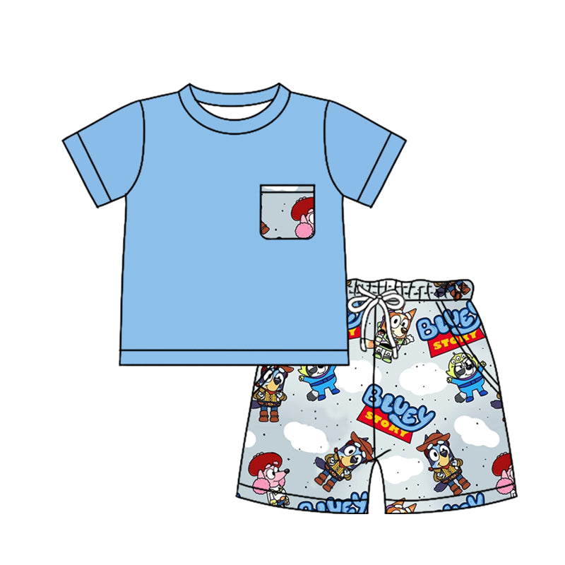 (Pre-order)BSSO1241 Blue Pocket Top Cartoon Dog Toys Shorts Boys Summer Clothes Set