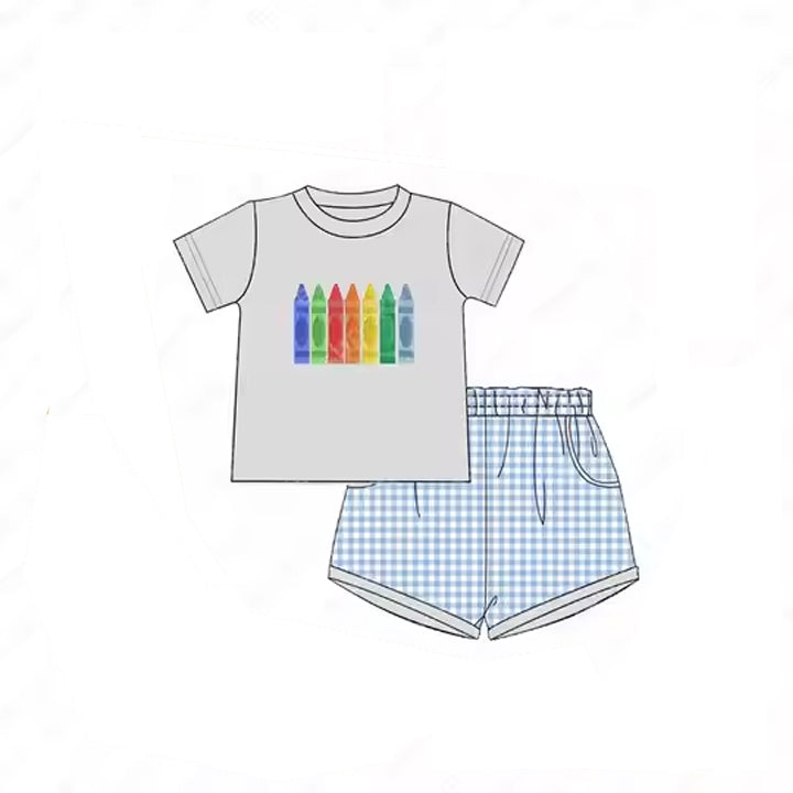 (Pre-order)BSSO1244 Pen Grey Top Plaid Shorts Boys Back to School Clothes Set