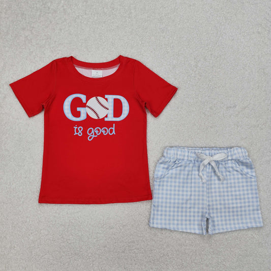 BSSO1248 GOD IS Good Baseball Red Top Blue Plaid Shorts Boys Summer Clothes Set
