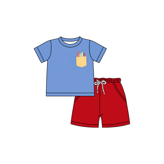 (Pre-order)BSSO1249 Pen Blue Top Red Shorts Boys Back to School Clothes Set