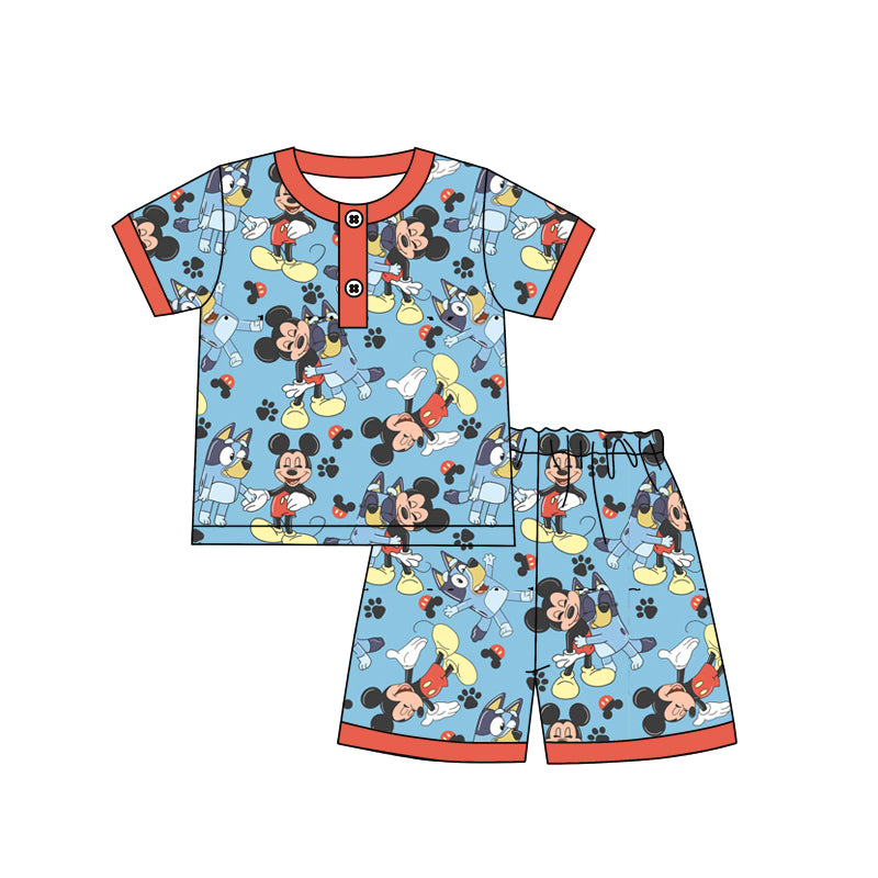 (Pre-order)BSSO1253 Cartoon Dog Mouse Print Boys Summer Pajamas Clothes Set