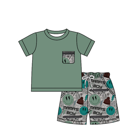 (Pre-order)BSSO1260 Green Pocket Top MAMA'S BOY Smiling Face Shorts Boys Summer Clothes Set