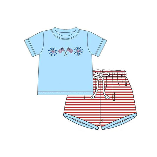 (Pre-order)BSSO1271 Fireworks Flag Blue Top Stripes Shorts Boys 4th of July Clothes Set