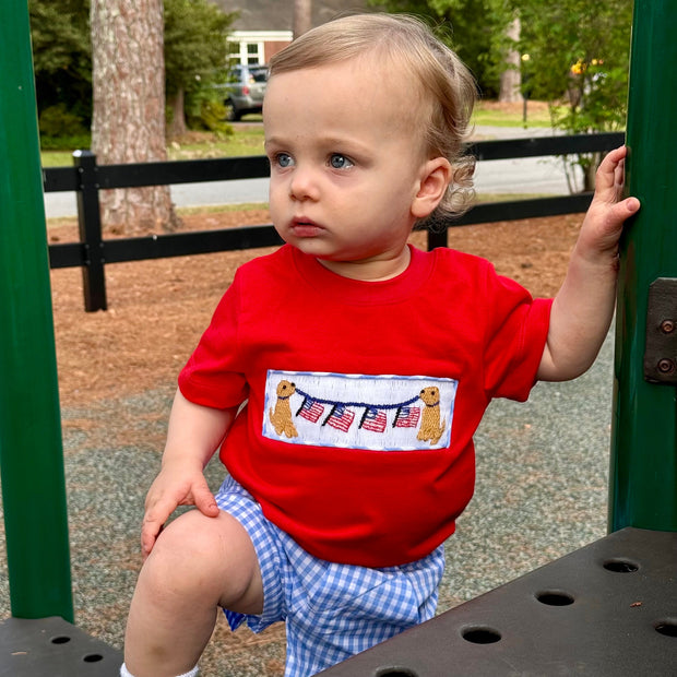 (Pre-order)BSSO1282 Dog Flag Red Top Plaid Shorts Boys 4th of July Clothes Set