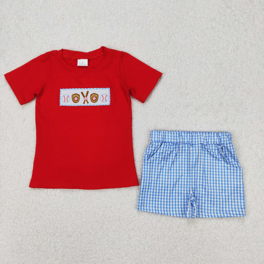 BSSO1283 Baseball Embroidery Red Top Blue Plaid Shorts Boys Summer Clothes Set