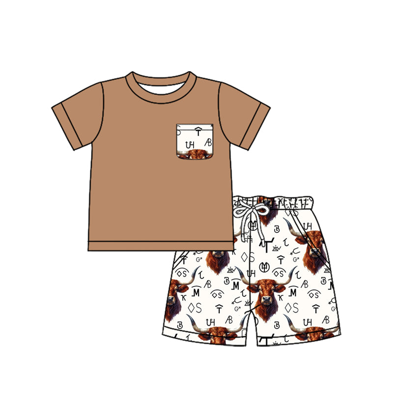 (Pre-order)BSSO1285  Brown Pocket Top Highland Cow Western Wild Shorts Boys Summer Clothes Set