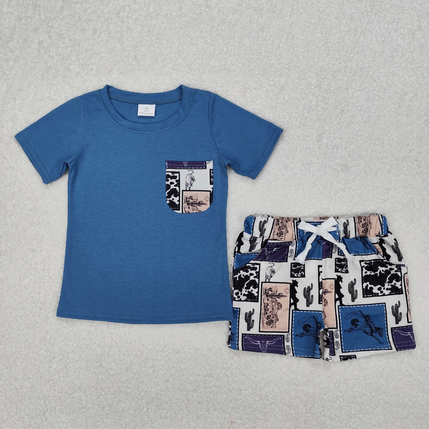 BSSO1286  Blue Pocket Top Cowboy Western Shorts Boys Summer Clothes Set