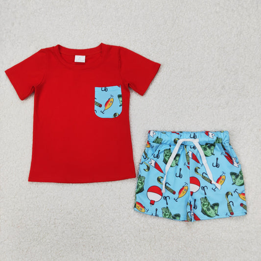 BSSO1289 Red Pocket Top Fishing Shorts Boys Summer Clothes Set