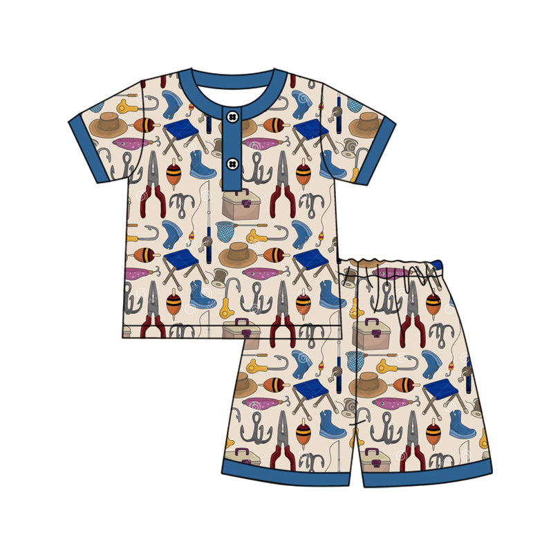 (Pre-order)BSSO1294 Fishing Print Shorts Boys Summer Pajamas Clothes Set