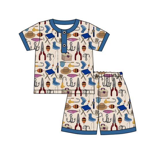 (Pre-order)BSSO1294 Fishing Print Shorts Boys Summer Pajamas Clothes Set