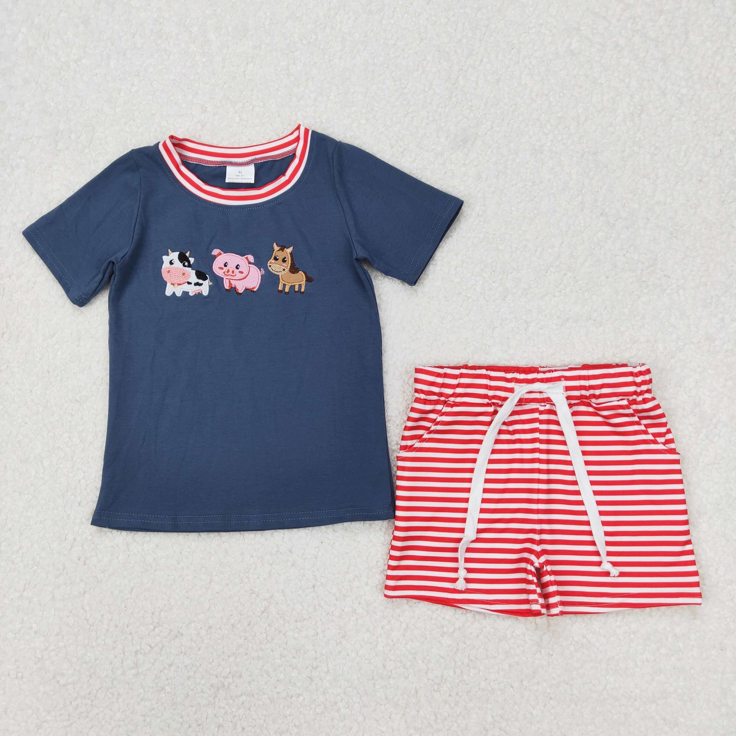 BSSO1295  Farm Animals Embroidery Blue Top Stripes Shorts Boys Summer Clothes Set