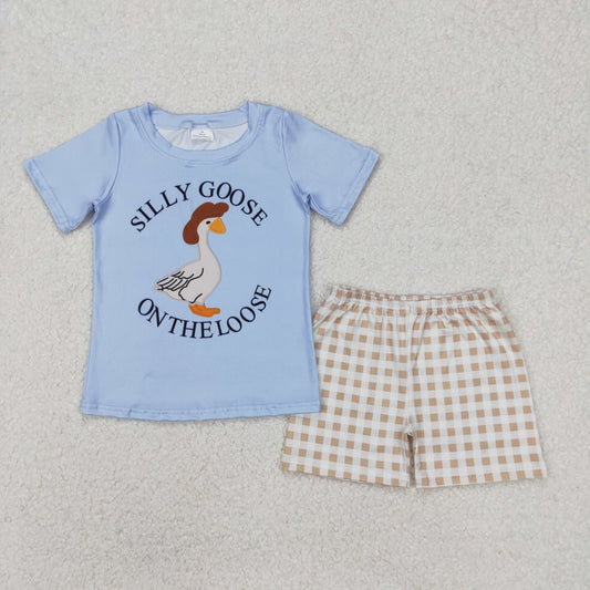 BSSO1305  SILLY GOOSE Top Plaid Shorts Boys Summer Clothes Set