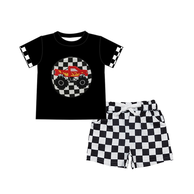 (Pre-order)BSSO1306  Monster Truck Top Plaid Shorts Boys Summer Clothes Set