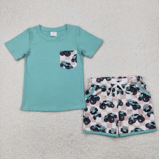 BSSO1316  Green Pocket Top Monster Truck Shorts Boys Summer Clothes Set