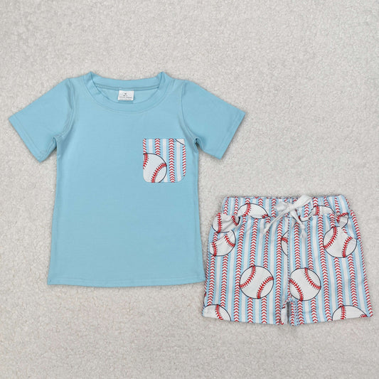 BSSO1317  Blue Pocket Top Baseball Shorts Boys Summer Clothes Set