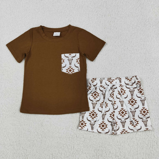 BSSO1319  Brown Pocket Top Cow Skull Aztec Shorts Boys Summer Clothes Set