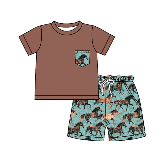 (Pre-order)BSSO1321  Brown Pocket Top Horse Shorts Boys Summer Clothes Set