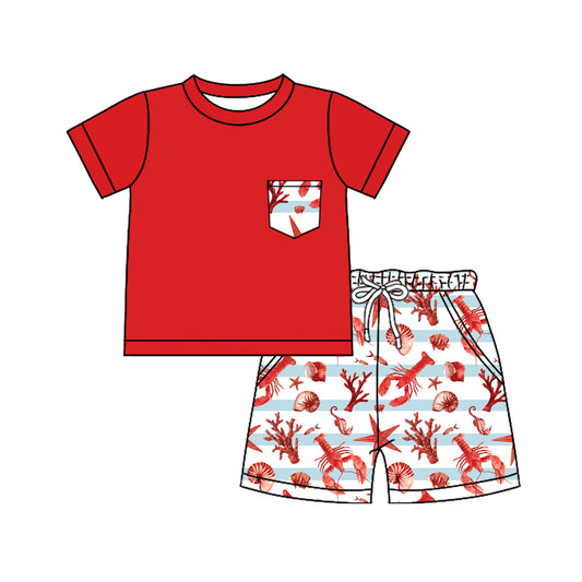 (Pre-order)BSSO1322  Red Pocket Top Crayfish Shell Shorts Boys Summer Clothes Set