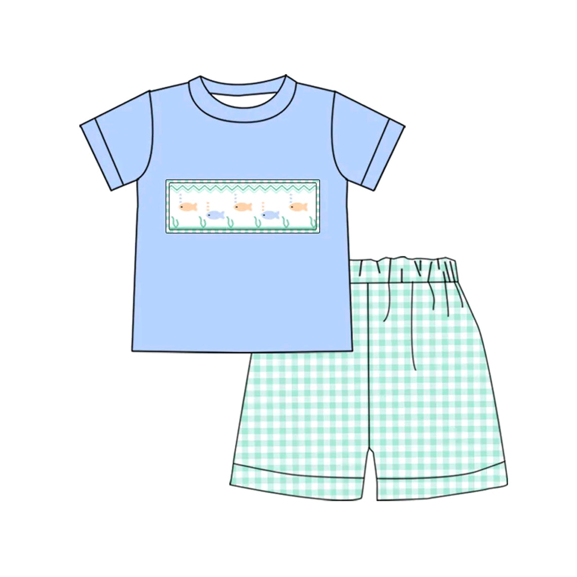 (Pre-order)BSSO1323  Fish Blue Top Plaid Shorts Boys Summer Clothes Set