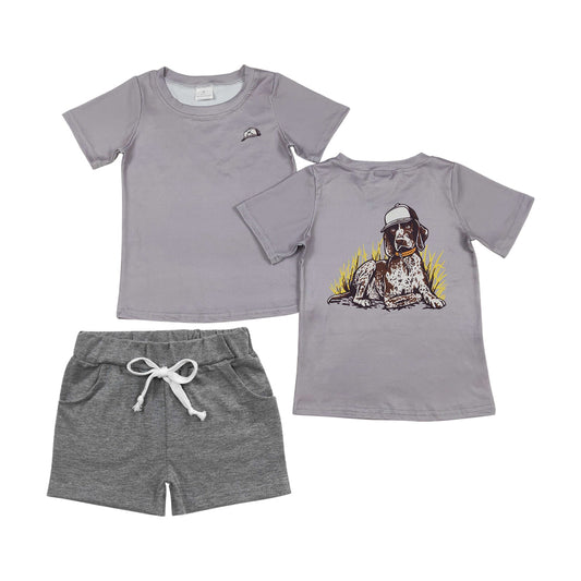 BSSO1335 Dog Hunting Print Top Pockets Shorts Boys Summer Clothes Set