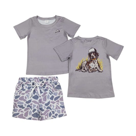 BSSO1336 Dog Hunting Print Top Grey Camo Shorts Boys Summer Clothes Set