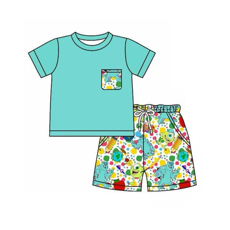 (Pre-order)BSSO1362 Blue Pocket Top Cartoon Monster Pen Apple Shorts Boys Back to School Clothes Set