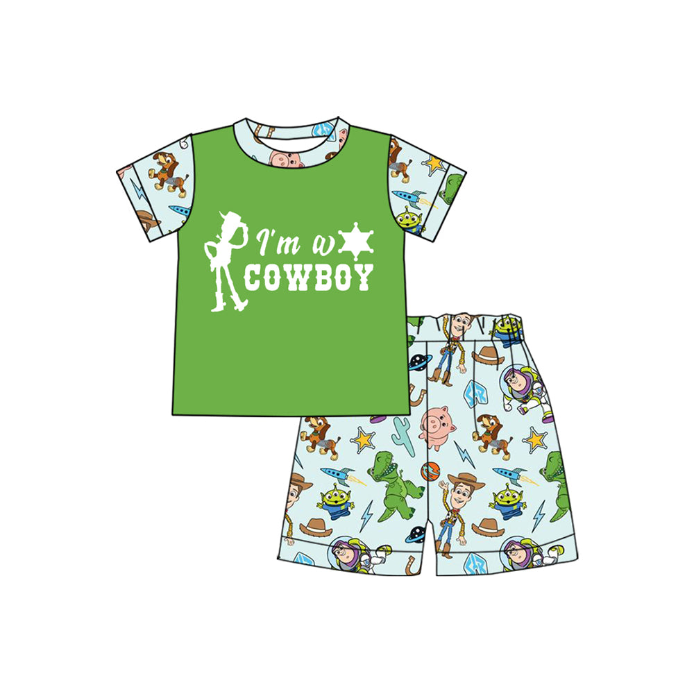 (Pre-order)BSSO1366 Green Top Cartoon Toys Shorts Boys Summer Clothes Set