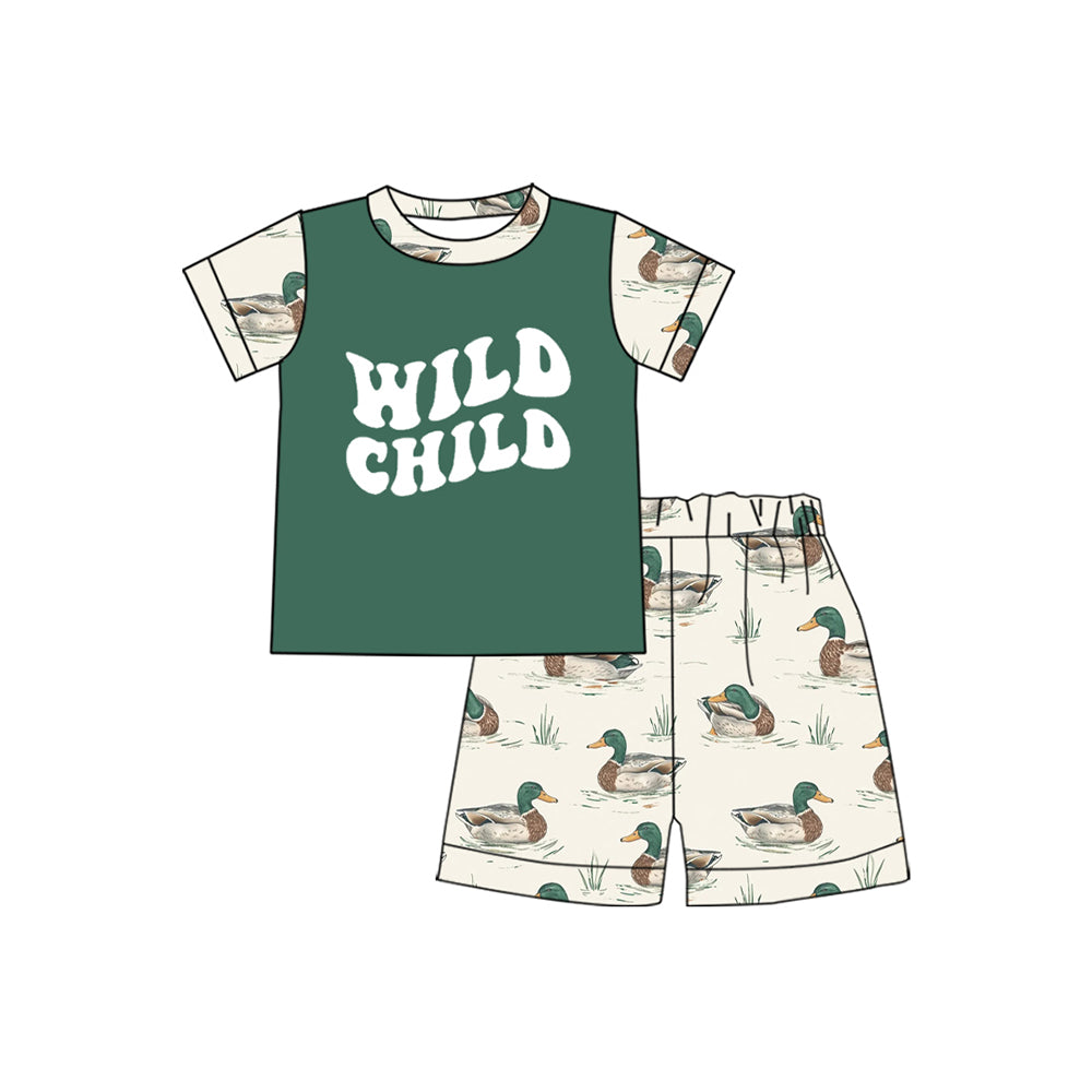 (Pre-order)BSSO1367 WILD CHILD Green Top Duck Shorts Boys Summer Clothes Set