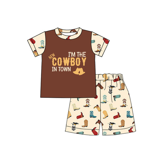 (Pre-order)BSSO1368 Cowboy Brown Top Boots Shorts Boys Summer Clothes Set