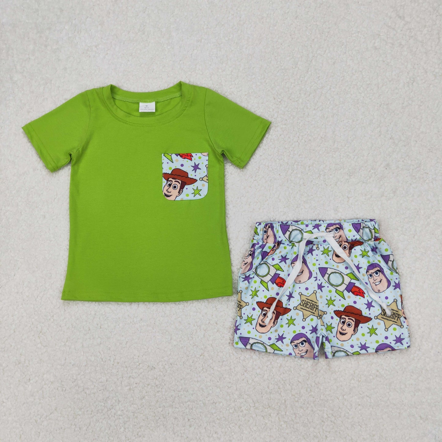 BSSO1370 Green Pocket Top Cartoon Toys Shorts Boys Summer Clothes Set