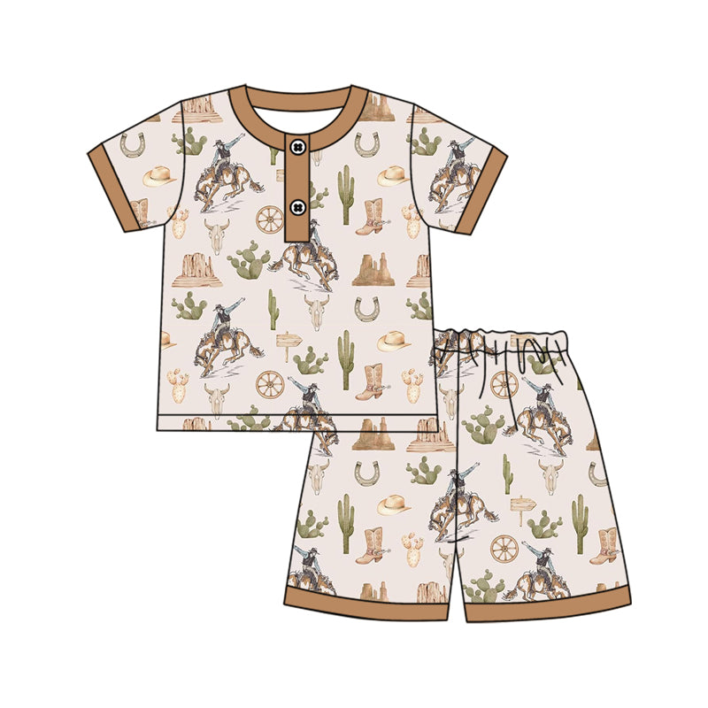 (Pre-order)BSSO1373 Cowboy Cactus Print Boys Summer Pajamas Clothes Set