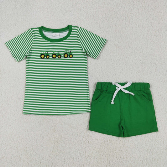 BSSO1374 Tractors Embroidery Stripes Top Green Shorts Boys Summer Clothes Set