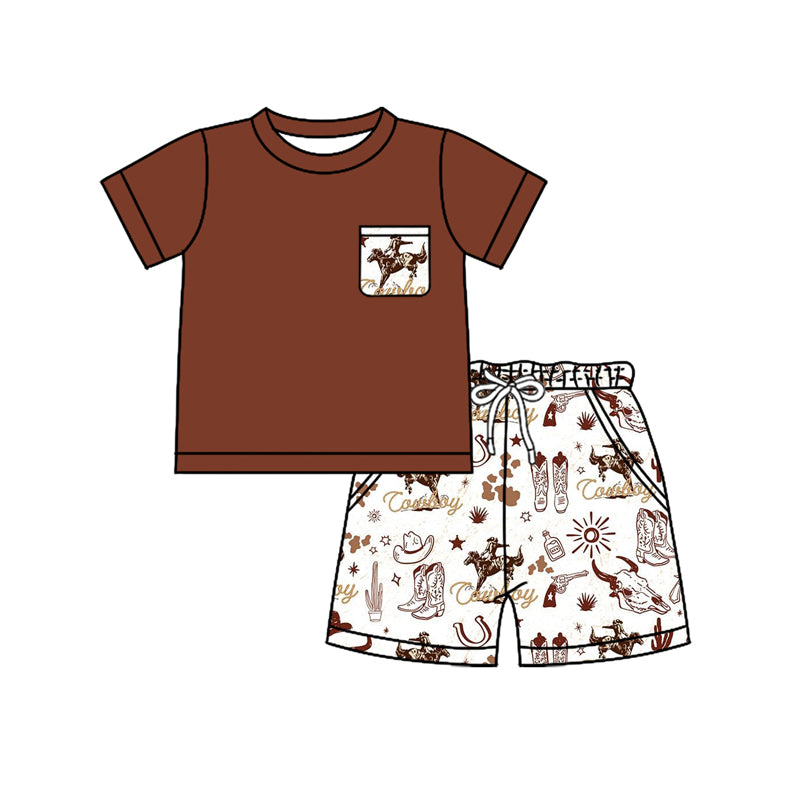 (Pre-order)BSSO1389 Brown Pocket Top Cowboy Cow Skull Boots Shorts Boys Summer Clothes Set