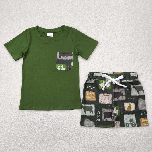BSSO1390 Green Pocket Top Farm Animals Shorts Boys Summer Clothes Set