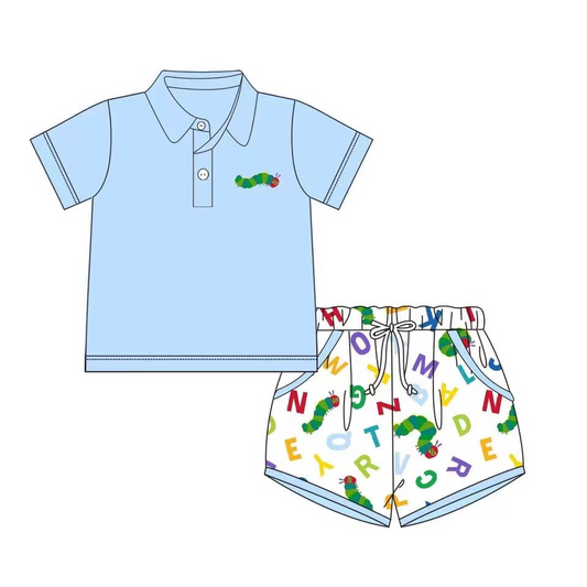 (Pre-order)BSSO1396 Blue Polo Top I'm Hungry Caterpillar Shorts Boys Summer Clothes Set