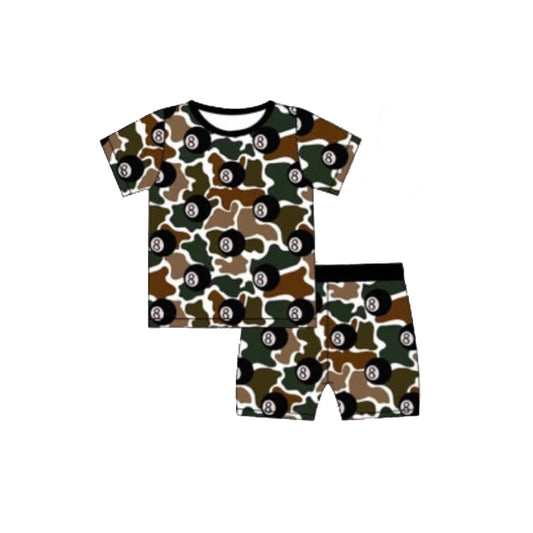 (Pre-order)BSSO1399 Brown Camo Snooker Print Shorts Boys Summer Pajamas Clothes Set