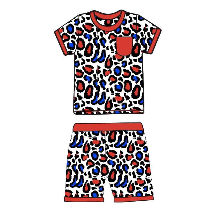 (Pre-order)BSSO1402 Red Blue Leopard Print Shorts Kids 4th of July Clothes Set