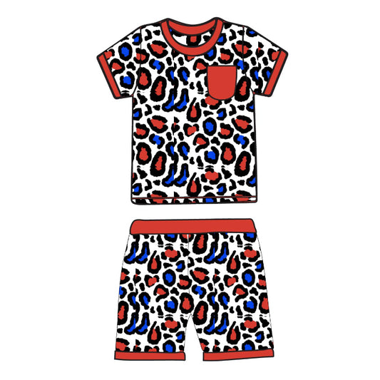 (Pre-order)BSSO1402 Red Blue Leopard Print Shorts Kids 4th of July Clothes Set