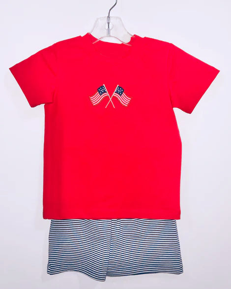 (Pre-order)BSSO1403 Flag Red Top Stripes Shorts Boys 4th of July Clothes Set